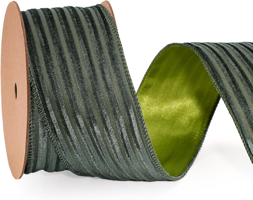 LaRibbons Fall Ribbon Wired 2 1/2" x 10 Yards, Striped Velvet Green Ribbon for Autumn Wreath Thanksgiving Christmas Farm Gift Wrapping Home Decor
