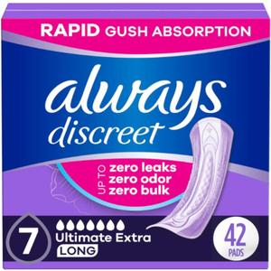 Always Discreet Adult Incontinence Pads for Women, Ultimate Extra Absorbency, Long Length, Postpartum Pads, 42 Count (7-drop)
