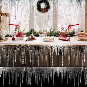 1 Pc Christmas Glitter Icicle Fringe 12x8 inch Artificial Fake Christmas Icicle Trim Plastic Hanging Clear Fringe Borders for Village Holiday Winter Indoor Outdoor Decor