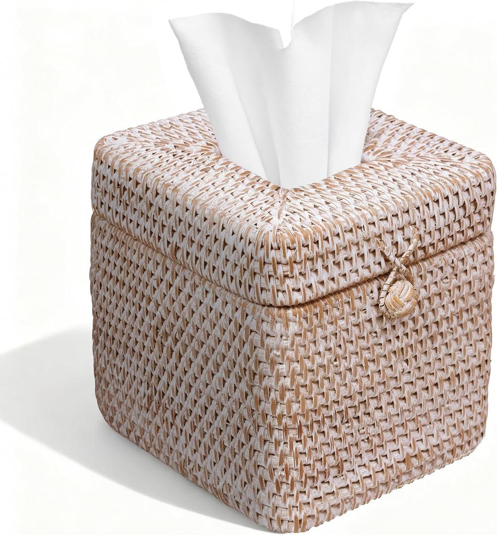 Whitewash Rattan Tissue Box Cover 5.5x5.5x5.9 Inch - Stylish Handwoven Tissue Holder with Lid - Ideal for Bathroom Vanity, Bedroom, or Living Room Home Accent