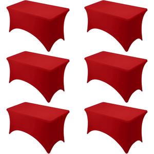 6-Pack Premium Red Spandex Tablecloths for 4ft Rectangle Tables, Stain & Wrinkle-Resistant, Washable Stretch Polyester Fitted Table Cover for Weddings, Banquets, Trade Shows Events