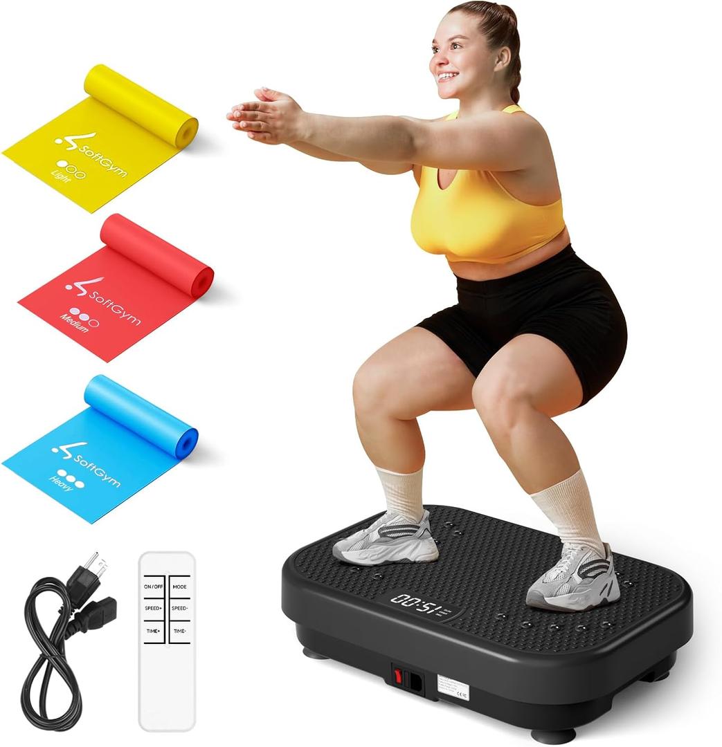 SoftGym Vibration Plate Exercise Machine for Lymphatic Drainage,Power Vibrate Stand Shake Board 450 Lbs Capacity Whole Body Workout Waver with Fitness Resistance Bands Weight Loss Gifts for Women Men