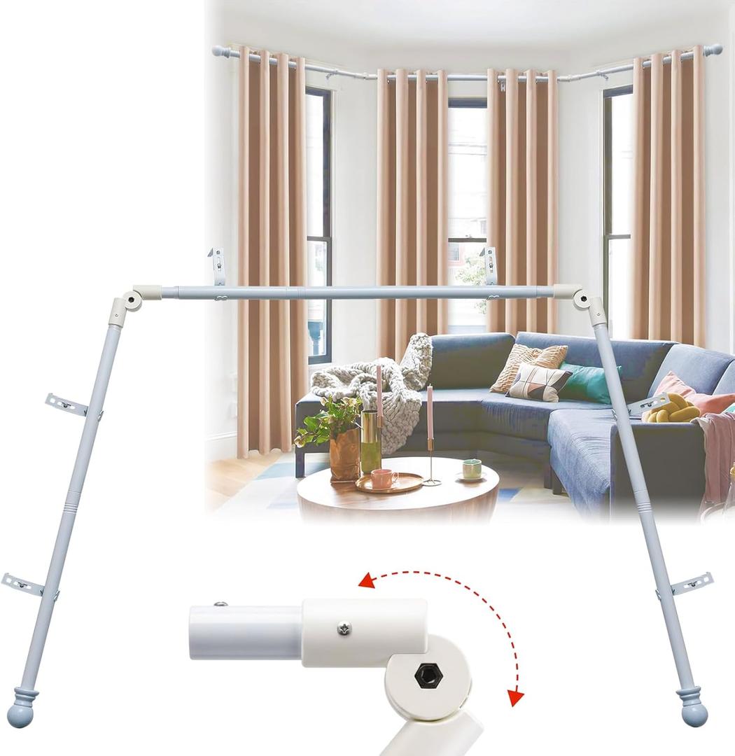 Bay Window Curtain Rods, 36-160" Heavy Duty Corner Curtain Rod, Adjustable DIY Design for Center and Side Rods,U-Shape 1 inch Drapery Rod Set with Brackets for Windows - White