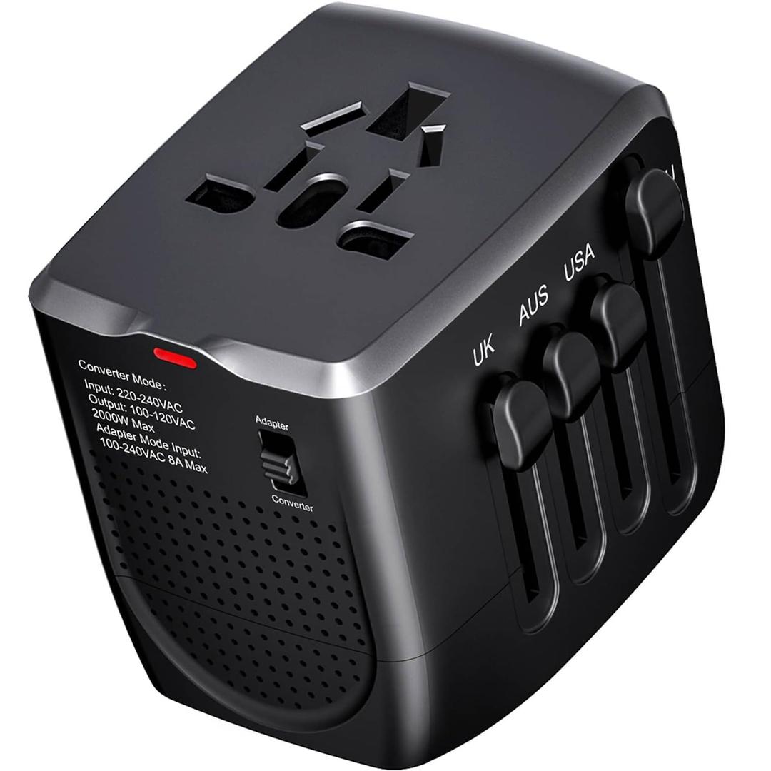 International Travel Adapter Voltage Converter Steps Down 220V to 110V for Cell Phones, Laptops, and Curling Irons, US to UK, Europe, Australia, and More Than 200 Countries(Black)