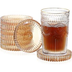 JUXYES 8 Pack Amber Tone Crystal Coasters Round Cup Mat, Glass Coasters for Drinks Coffee Tea Wine, Decorative Wine Bottle Coasters, Crystal Drink Coasters for Restaurant bar Kitchen Dining Table