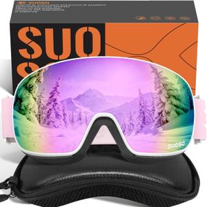 suoso Ski Goggles for Men and Women, Anti Fog Snow/Snowboard Goggles for Youth Adult UV400 Protection (C05-white Frame Pink Lens/Adult)