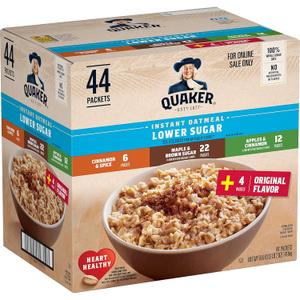 Quaker Instant Oatmeal Lower Sugar, 4 Flavor Variety Pack 44 Count (Pack of 1) (EXP 06/18/27)
