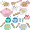 SimpliPlay Wooden Toy Plates and Dishes for Kitchen Set, 30PCS Montessori Play Kitchen Accessories for Toddlers with Toy Pots and Pans, Wooden Play Cooking Set for 3-8 Years Girls & Boys