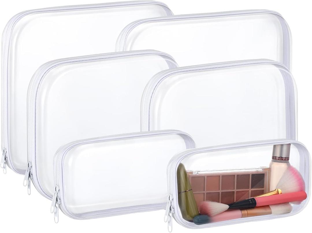 Set of 2 Hoolerry 6 Pcs Hard Clear Zipper Case Transparent Zipper Hard Pouch for Snacks Makeup Bag Plastic Cosmetic Bag Portable Travel Organizer for Makeup Storage(White,Big,Medium,Small)
