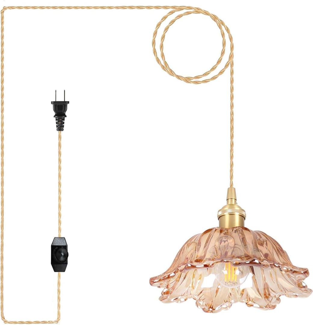Plug in Pendant Light Fixtures,Hanging Light Fixture Amber Glass Pendant Light 10.6in E26 Pendant Lighting for Kitchen Island, Bedroom, Dining Room, Living Room