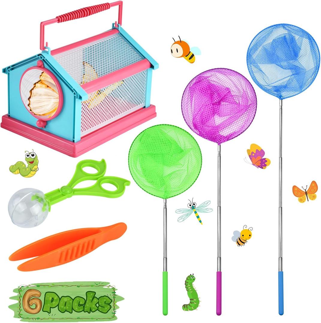Kids Telescopic Butterfly Nets Bugs Insect Catcher Kit Perfect Outdoor Tools for Catching,Anti Slip Grip Bug Nets Removable Cage Tweezers and Pliers Set