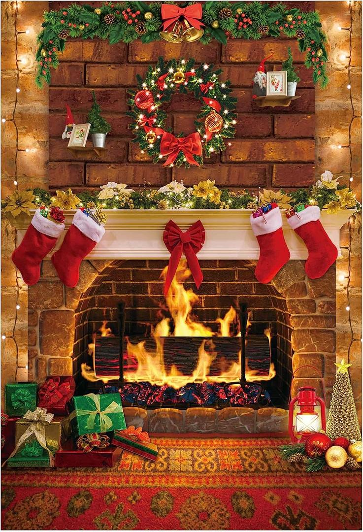 Funnytree 5x7FT Christmas Fireplace Photography Backdrop Rustic Red Brick Wall Background Merry Xmas Eve Party Supplies Decoration Banner Portrait Photo Booth Studio Props