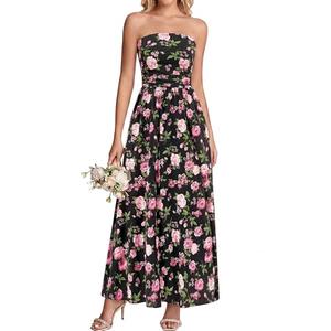 BTFBM Summer Maxi Dresses for Women 2026 Strapless Tube Top Floral Spring Wedding Guest Dress Beach Vacation Outfits(Black Pink Flower, XX-Large)
