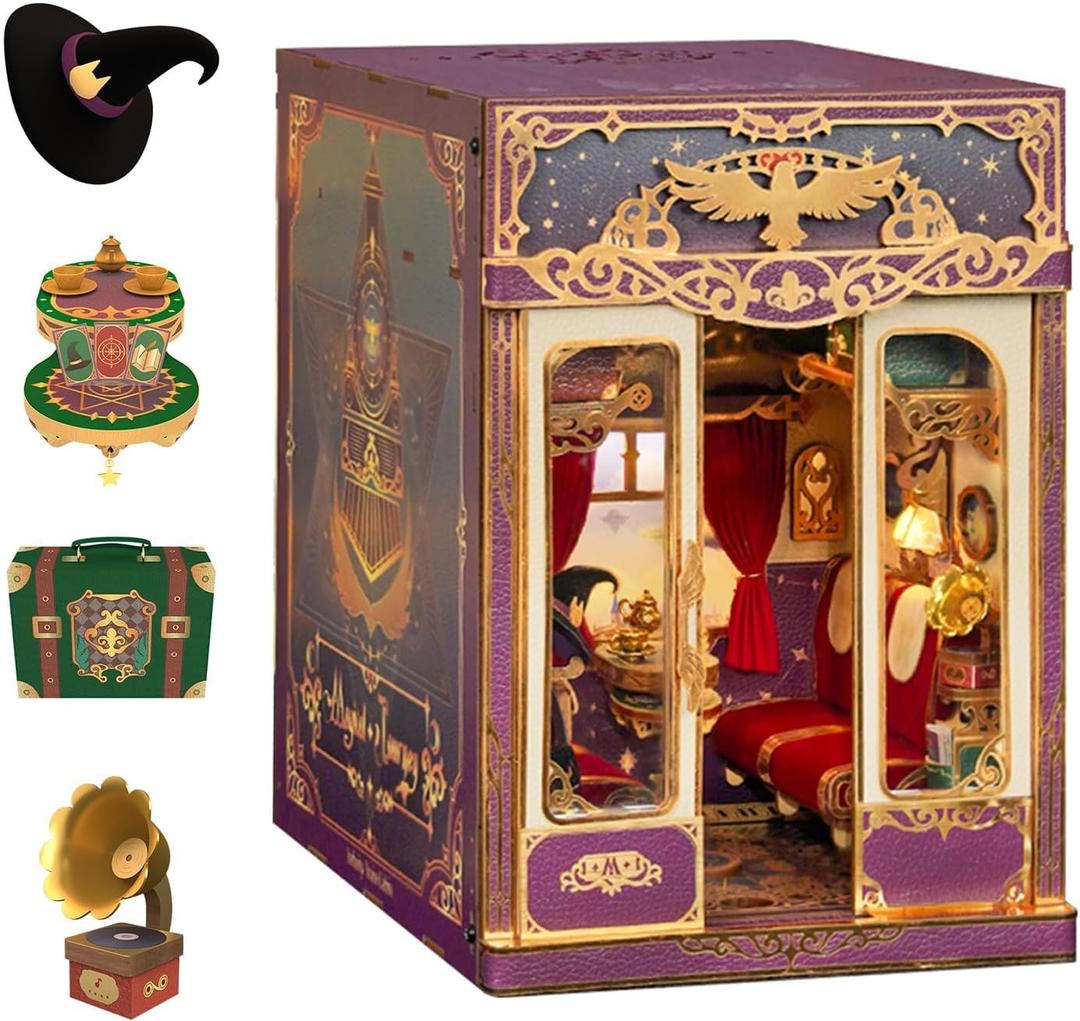 Tonecheer DIY Book Nook Kit for Adults, Miniature Infinity Train Cabin Magical Vintage Carriage Model, Wooden 3D Puzzle Dollhouse Booknook Decorative Bookend Gifts (Magical Journey)