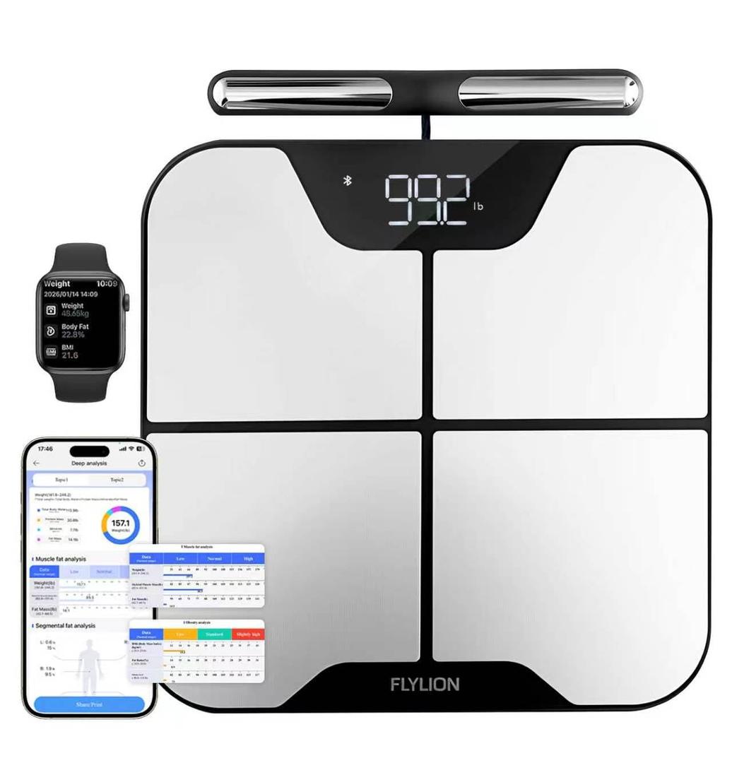Smart Scale for Body Weight with Handle, 8-Electrode Full Body Composition Analyzer with BMI, Body Fat, Muscle Mass, 57 Metrics, Accurate Bluetooth Digital Scale for Home Gym, Women & Men