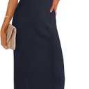 ZESICA Womens Summer Bodycon Maxi Dress 2026 Business Casual Short Sleeve Crewneck Knit Slit Spring Sweater Dresses (Blue, S)