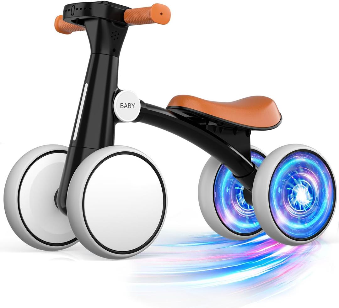 Baby Balance Bike for 1-3 Years (10-36 Months) with Colorful Lighting Wheels & Music, Soft Seat, 4 Silent No-Pedal Wheels  Ideal Toddler Gift for Birthday/First Bike (Black)