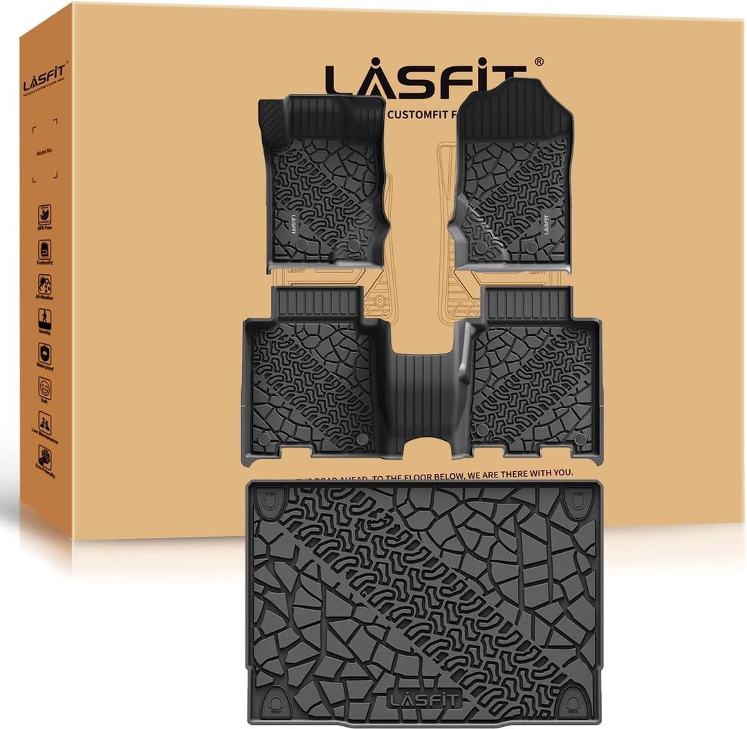 LASFIT Floor Mats Cargo Liner for Ford Bronco 4 Door 2025 2024 2023 2022 2021(Not for Bronco Sport) All Weather TPE Custom Fit Car Floor Liners Trunk Mat, 1st & 2nd Row & Cargo Liner,4pcs Black