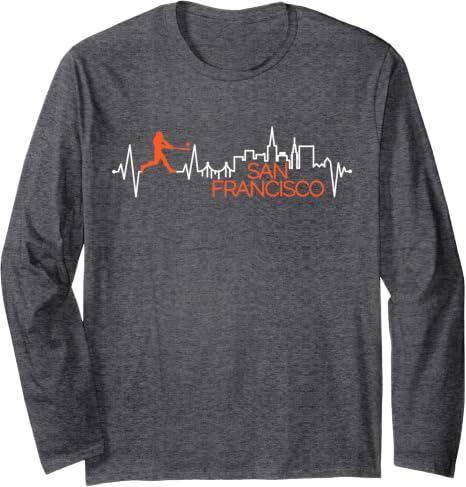 Vintage San Francisco Skyline Baseball Heartbeat Men Women Long Sleeve T-Shirt (Dark Heather Grey, L)