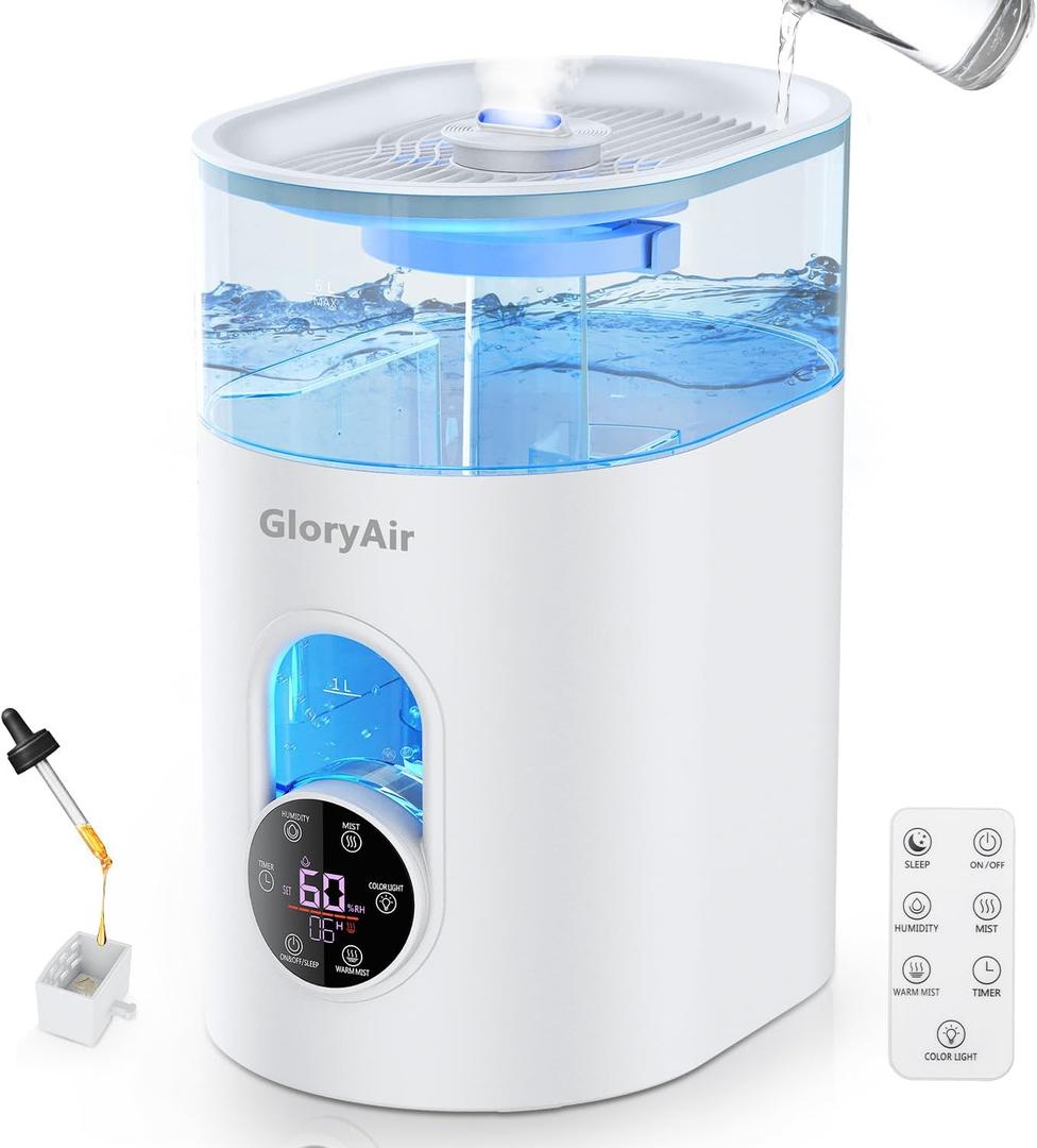 Humidifiers for Bedroom Large Room Home - GloryAir 6L Quiet Top Fill Cool & Warm Mist Humidifier with Smart Humidity Control, Remote Control, 7-Color Light, Humidistat, Oil Diffuser (White)