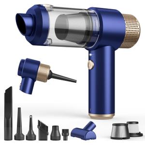 Vizeusvac Car Vacuum Cleaner, 16000PA Mini Car Vacuum Cordless Powerful, 7 in 1 Portable Handheld Vacuum Cordless with LED Light, Dual Filters, One-Touch Empty for Pet Hair, Home, Office (Blue 2)