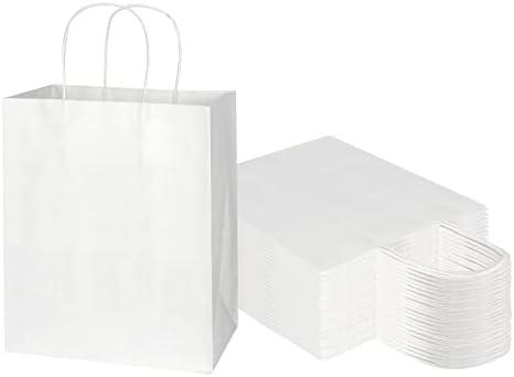Toovip 50 Pack 8x4.75x10 Inch Medium White Kraft Paper Bags with Handles Bulk, Gift Wrap Bags for Favors Grocery Retail Party Birthday Shopping Business Goody Craft Merchandise Take Out Sacks