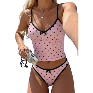 ZAFUL Womens Tankini Swimsuits Tummy Control High Cut Bow Decor Bathing Suits Two Piece Bikini Sets (Pink, S)