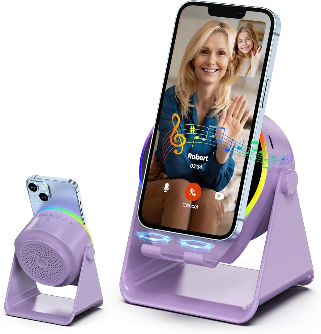 Wireless Induction Speaker, 4 in1 Phone Stand Bluetooth Speaker Amplifier with Colorful Ambient Light 360 Rotation Holder for Tablet iPhone Android,Portable Gifts for Adults Teens (Purple)