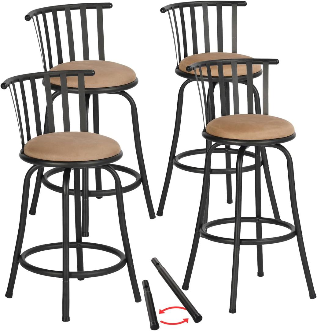 FurnitureR Kitchen Counter Barstools, Swivel Kitchen Counter-Height Stool with Backs and Footrest, Adjustable Bar Stools with Interchangeable Legs Armless, Set of 4, 24/29 Inch, Brown