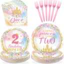 96Pcs Princess 2nd Birthday Party Decorations for Girls A Little Princess Is Turning Two Plates and Napkins Sets Pink Castle Once Upon a Time Decoration for Two Year Old Bday Party Supplies Serves 24