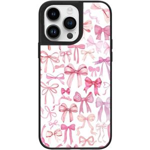 Case for iPhone 16 Pro, Trendy Aesthetic Pink Ribbon Bow Pattern Print, Glossy Hard PC Back Soft TPU Bumper, Slim Shockproof Anti-Scratch Cover for Teen Girls Women