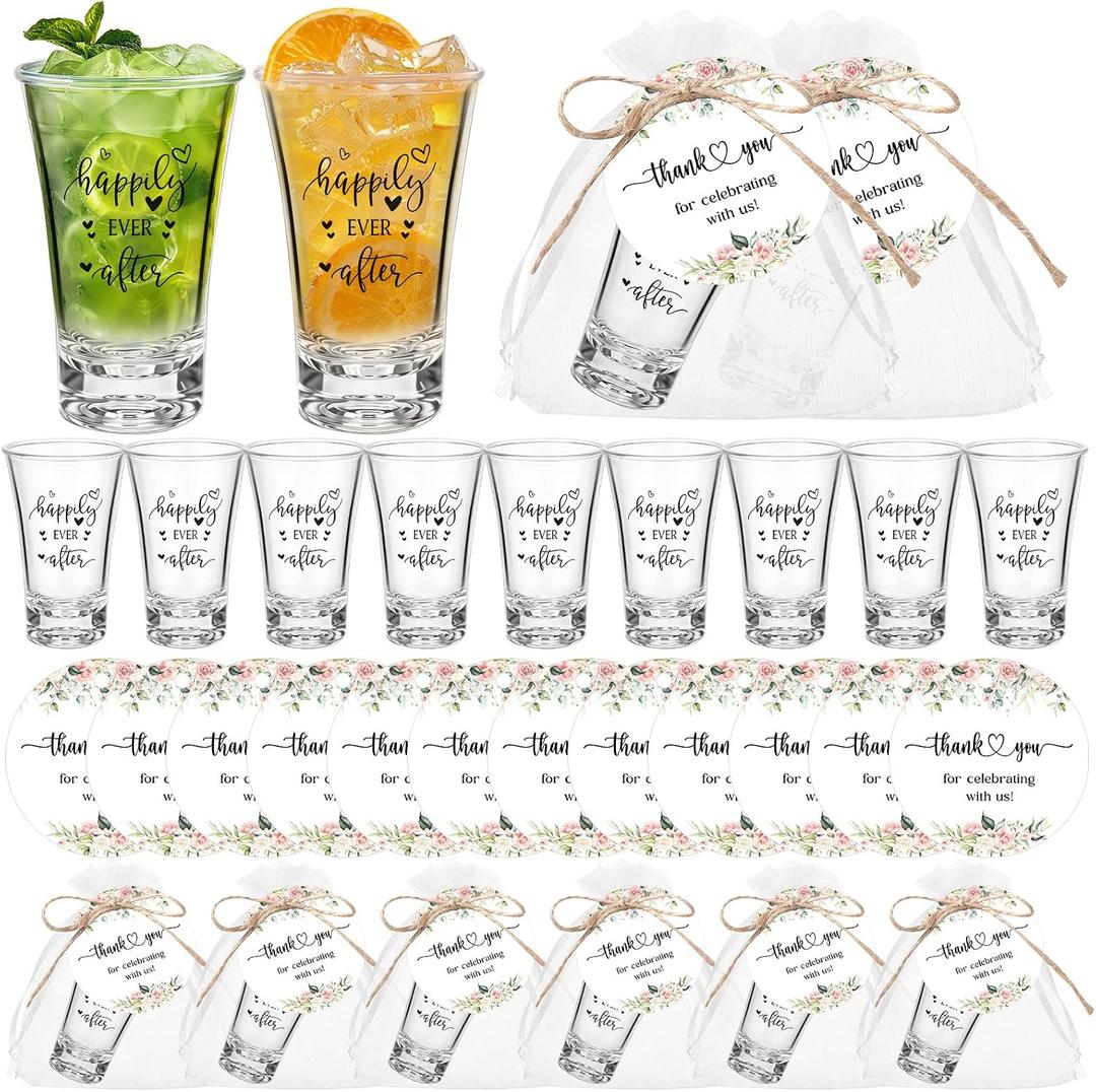 Reallnaive 30 Sets Bridal Shower Favors for Guests Happily Ever After Bride Acrylic Clear Shot Glasses with Thank You Tags and Organza Bag Wedding Party Favors Souvenir Gift for Bachelorette Bridal