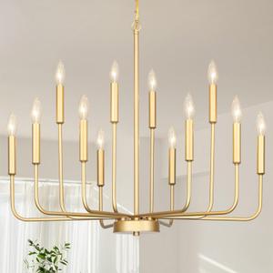 Gold Chandeliers for Dining Room Light Fixture Over Table, Modern Farmhouse Chandeliers for Living Room,12-Lights Candle Lighting Fixtures for Entryway Kitchen Island Foyer