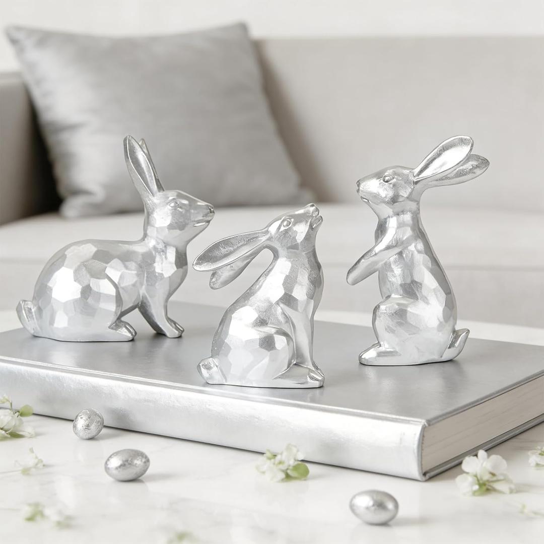 WDS WONDROUS Easter Bunny Figurines, Small Decorative Bunny Statue Set of 3, Easter Resin Rabbit for Modern Tabletop Decor Home Spring Decoration Gift, Shiny Silver Sculptures