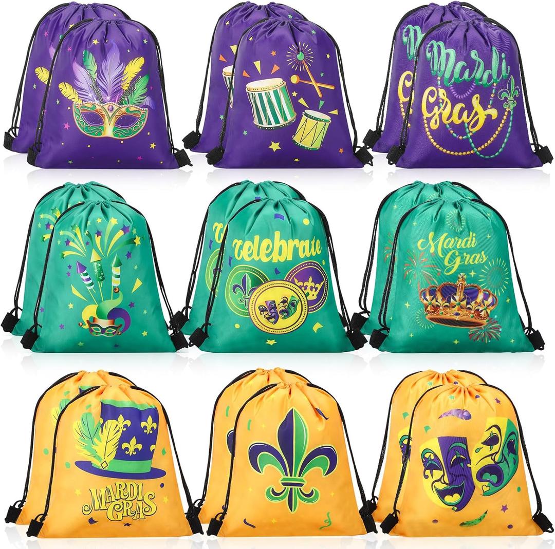 Honoson 16 Pieces Mardi Gras Party Favor Bags 9.84 x 11.81 Inches Mardi Gras Drawstring Gift Bags Masquerade Carnival Candy Goodies Treat Backpack for Masquerade Carnival New Orleans Party Supplies