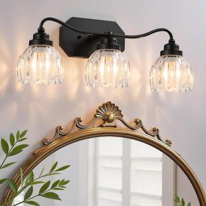 Vintage Bathroom Light Fixtures, 3 Light Bathroom Vanity Light, Black Matte Antique Brass Finish with Crystal Glass Shade, Mid Century Wall Sconces for Bedroom, Living Room, Hallway