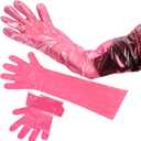 Okllen 100 Pcs Long Gloves Disposable, 34.2 Inch Tearproof PE Shoulder Length Gloves, Waterproof & Oil-Resistant, for Field Dressing, Gutting, Veterinary, Cleaning, Pink