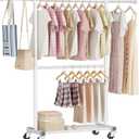 Clothes Rack - 35 to 50 Inch Expandable Rod Clothing Rack with Mesh Shelf & Casters, Rolling Garment Rack for Hanging Clothes, Load 150 LBS, White