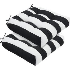 Indoor/Outdoor Tufted Seat Cushions with Ties Set of 2, 19"x19" Chair Cushions for Dining Chairs, Waterproof Chair Pads for Garden Patio Kitchen Home-Black White Stripe, 2 Count