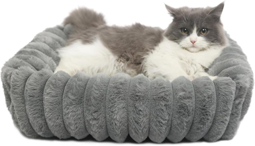 Small Cat Beds for Indoor Cats Washable Furry Kitten Beds with Sides,Rectangle Orthopedic Soft Calming Comfy Sleeping Extra Small Pet Beds for Cats Dogs Puppy,18x14x4 Inch,Warm Grey