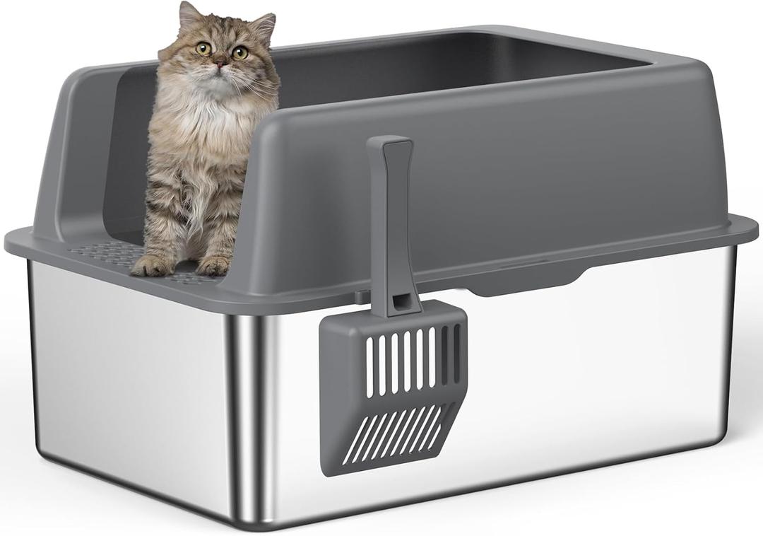 Zarler Stainless Steel Litter Box with Lid, 8 Deep Extra Large Cat Litter Boxes, XL Metal Litter Box for Big Cats with High Sided, Grey (Non-Sticky, Easy to Clean, Anti-Urine Leakage)