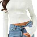 Goranbon Women's Off Shoulder Ribbed Knit Crop Sweaters Cute Wrap Long Sleeve Slim Pullover Jumper Tops (White)