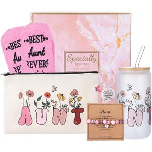 6 Pcs New Year Best Aunt Ever Gifts, Valentine'S Day Birthday Gifts for Aunts from Niece Nephew, Aunts Birthday Gift Aunt Birthday Auntie Gift Ideas Cup Makeup Bag Bracelet Keychain for Women