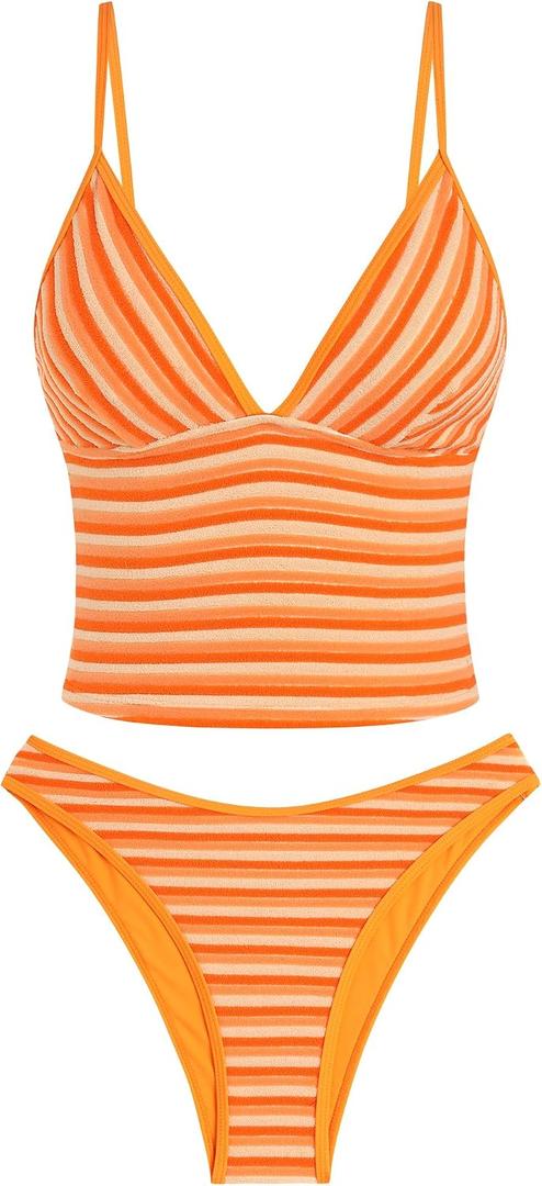 ZAFUL Women's Spaghetti Strap Tankini Swimsuits V Neck Tummy Control Tie Side Thong Bikini Swimsuits 2 Piece Bathing Suits (Orange)