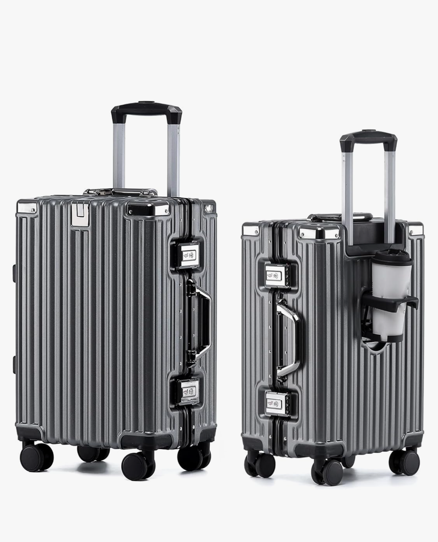 HotWay 26 Inch Aluminum Frame Luggage with Spinner Wheels, PC Hard Shell Suitcase with Cup Holder, Zipperless Luggage for Business Travel, Gray