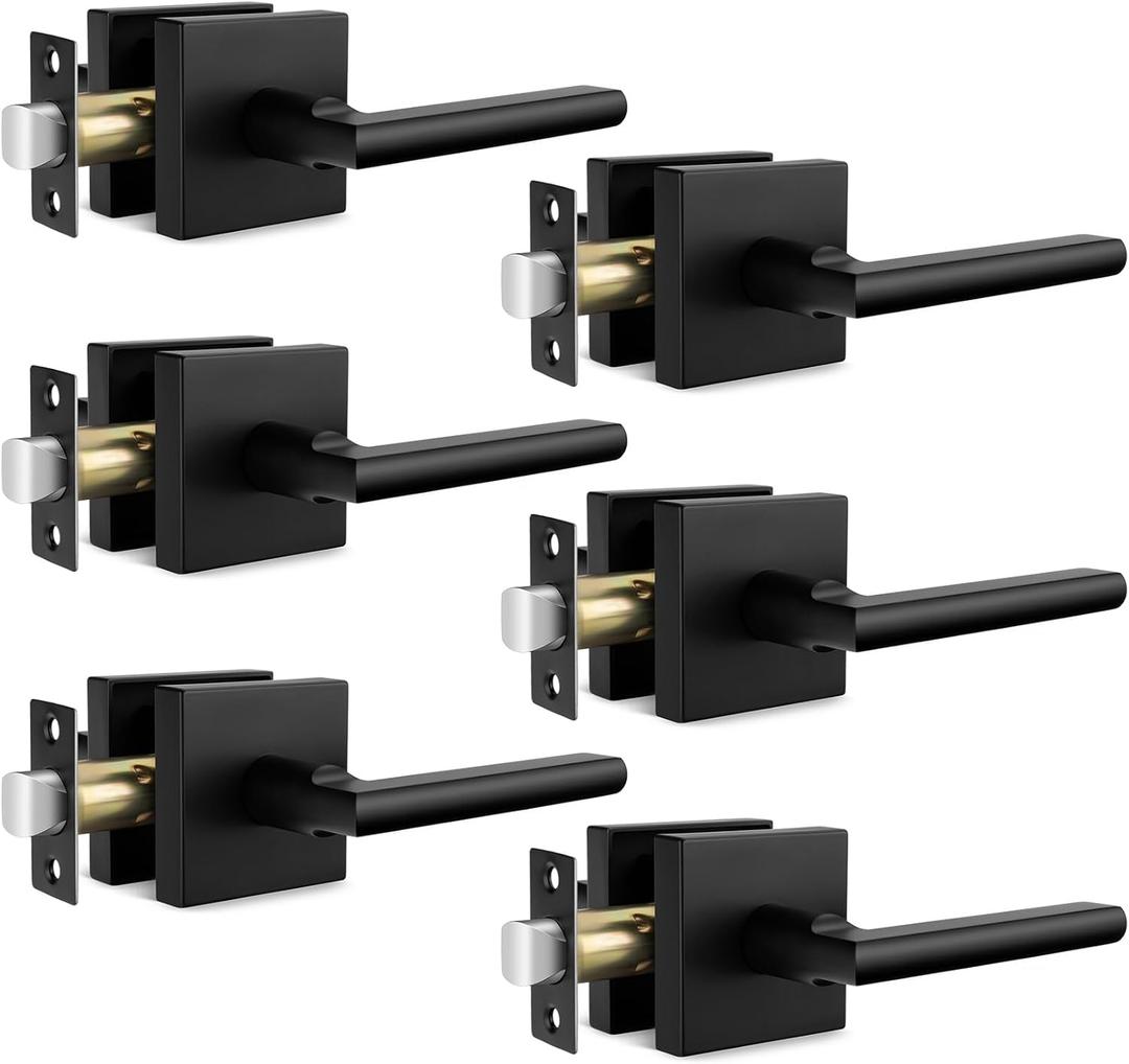 goldenwarm Black Door Handles Interior, Passage Matte Black Closet Door Handles, Square Black Door Lever Interior for Hallway (6 Pack)