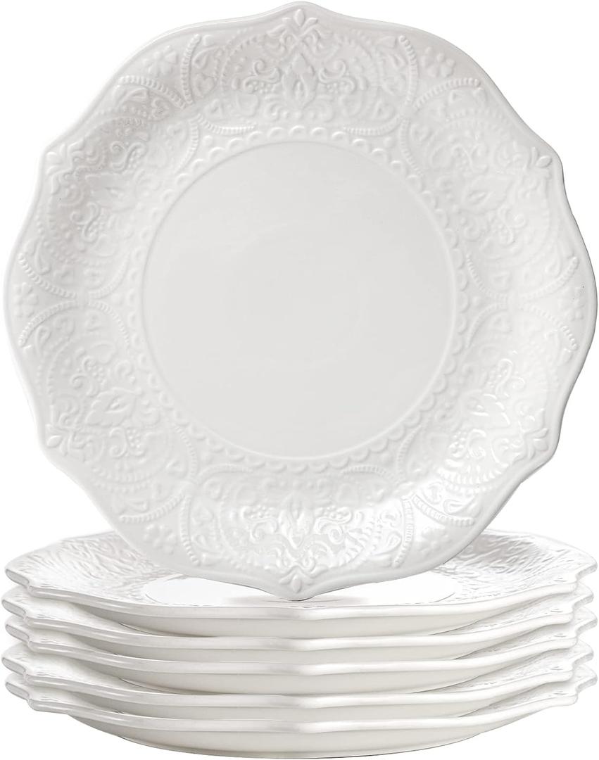 SOUJOY Set of 6 Porcelain Dinner Plate, 10.5'' White Dinner Dish, Embossed Printing Dinnerware Plate for Dinner, Restaurant, Family Party and Kitchen, Microwave, Dishwasher Safe