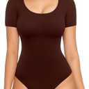 MANGOPOP Double Lined Long Sleeve Bodysuits for Women Scoop Neck Thong Bodysuit Tops Seamless, (Medium, Short Sleeve Coffee)