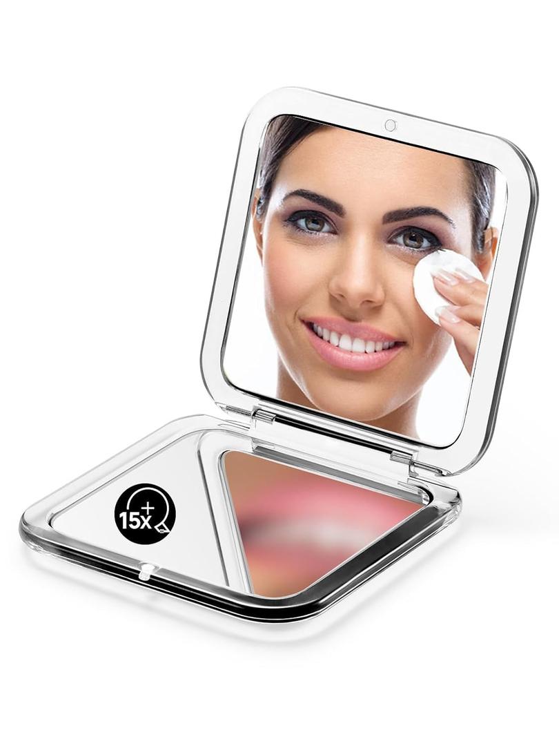 OMIRO Folding Compact Mirror, 1X/15X Magnification 3 Pocket Size Square Hand Mirror for Travel Makeup (Transparent Black)