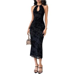 GORGLITTER Women's Mesh Halter Bodycon Midi Dress Sheer Cut Out Dresses Gothic Party Cocktail Prom Going Out Outfits (Black, L)